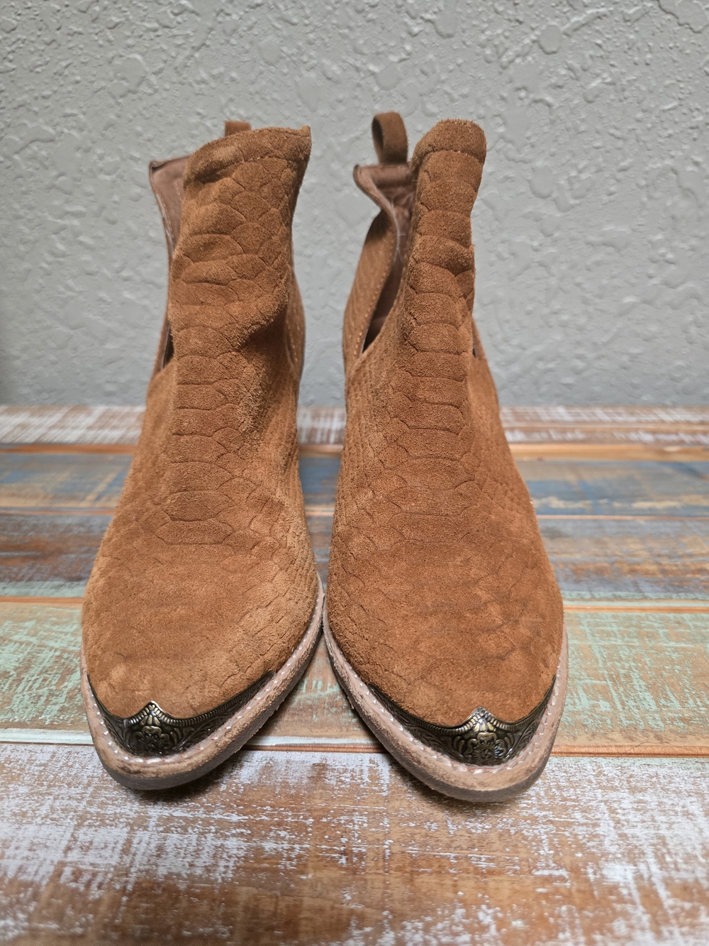 Jeffrey Campbell Rust Brown Suede Ankle Booties with Metal Toe Caps
